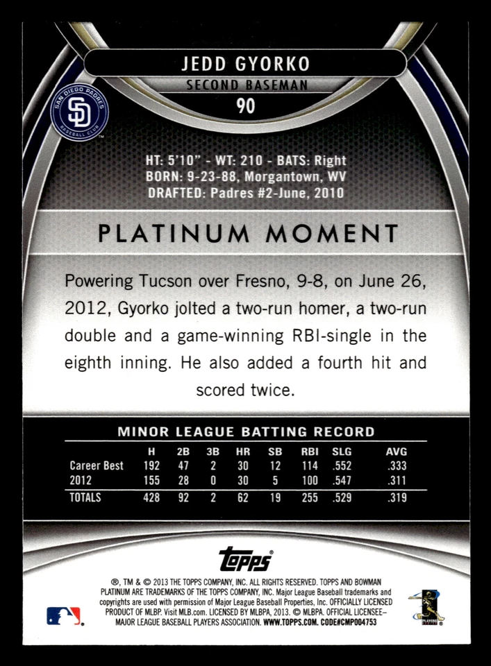 2013 Bowman Platinum - Gold - #90 Jedd Gyorko - San Diego Padres - Image 2 of 2
