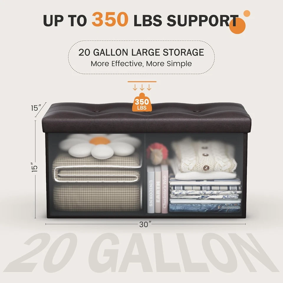 Banco otomano de almacenamiento plegable, sofá reposapiés de cuero sintético de 30 pulgadas para sala de estar Foto 2 de 4