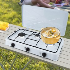 White 3 Burner Gas Cooktop - Durable Cast Aluminum with Flexible Hose