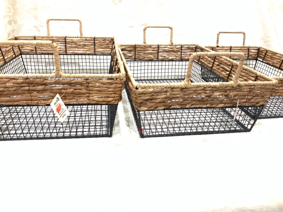 Storage Baskets S M L nesting handles heavy New Set 3 Metal & Sea Grass Rattan - Image 2 of 4