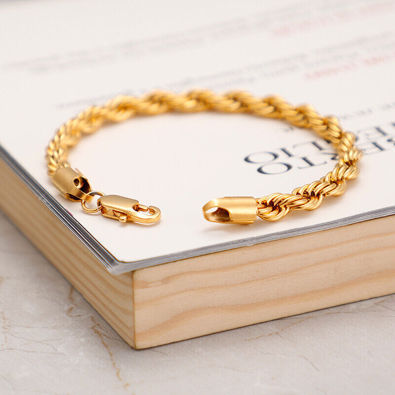 Gold Stainless Steel Rope Chain Bracelet Women Mens Twist