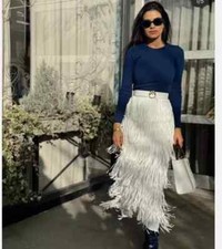 NWT ZARA FW24 WOMAN FRINGED PENCIL MIDI SKIRT ZW COLLECTION ECRU 4786/302,M,XL