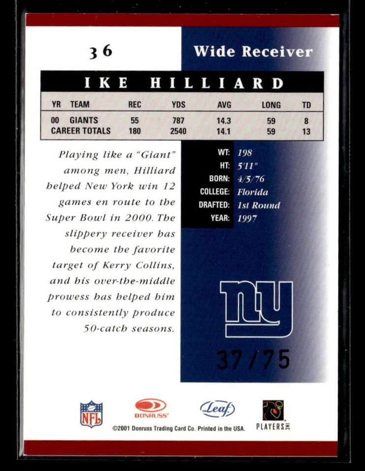 2001 Leaf Certified Mat Mirror Red #36 Ike Hilliard /75 - Image 2 of 2