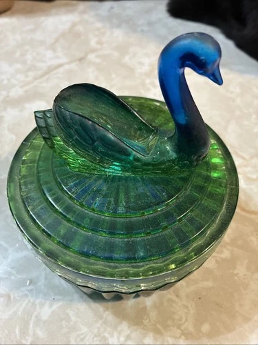 Vintage Jeanette Blue Green Glass Swan Covered Candy Dish