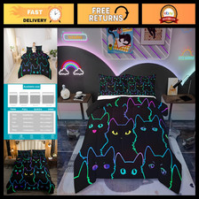Cute Cat Comforter Set - Neon Rainbow Bedding for Kids, Kawaii Cartoon Quilt, Re