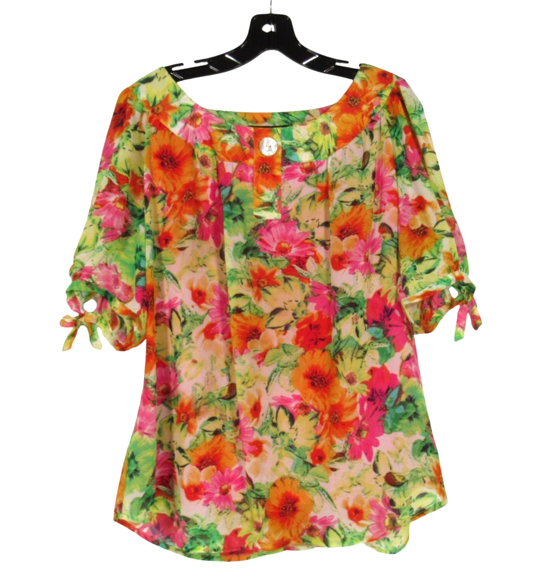SARA MICHELLE Bright FLORAL Lined CHIFFON Faux Button TIE CUFFS Blouse/Top Sz 1X