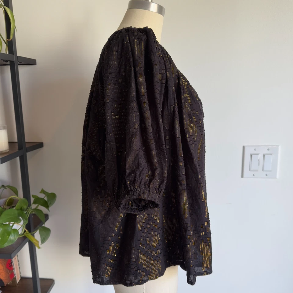 ROBERTA ROLLER RABBIT Metallic Gold/Black V-Neck Peasant Blouse-Size L-RRP $158 - Image 2 of 4