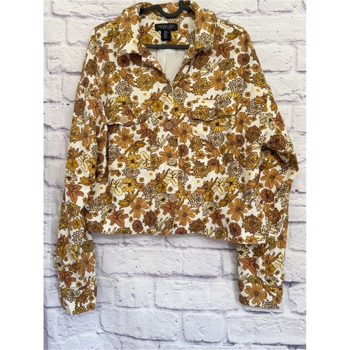 Rachel Zoe White Floral Button-Down Cropped Shirt with Mustard & Brown Blooms