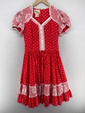 JERI BEE Dress 8 Square Dancing Rockabilly Lace Floral Fit  Flare Red USA VTG