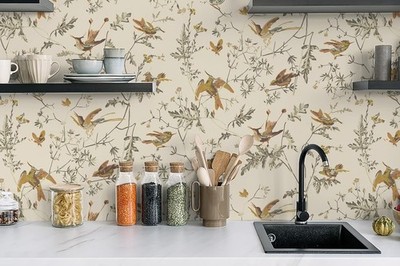2 Roll Peel & Stick Wallpaper, Contact Paper Bird Floral Branch Beige Brown Rust
