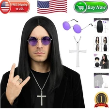 Ozzy Osbourne 80s Rocker Costume Set for Men –Curly Wig Cross Necklace & Glasses