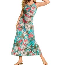 TALBOTS Large Pink Blue Tropical Floral Jungle Jersey Sleeveless Maxi Dress
