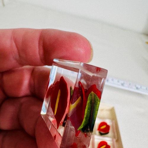 Lucite Acrylic Red Anthurium Flamingo Flower 1" Place Card Holders Set of 12 VTG - Picture 4 of 6