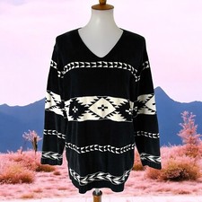 Vtg 90s Black Aztec Geometric Chenille Popover Pullover Sweater L Large 12/14