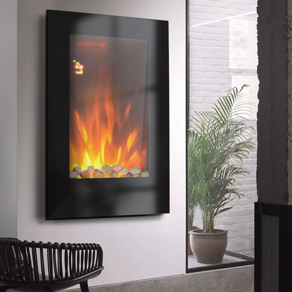 Vertical Wall Mounted Electric Fireplace Black Glass LED Fire Flame  Dimmable 2KW | eBay