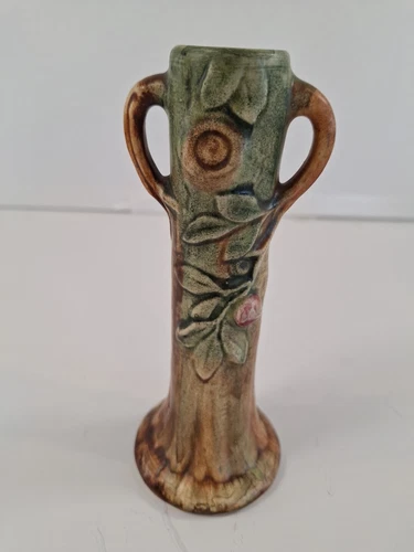 WELLER HIGH RELIEF WOODCRAFT APPLE TREE TRUNK VASE WITH 2 HANDLES  6.5"