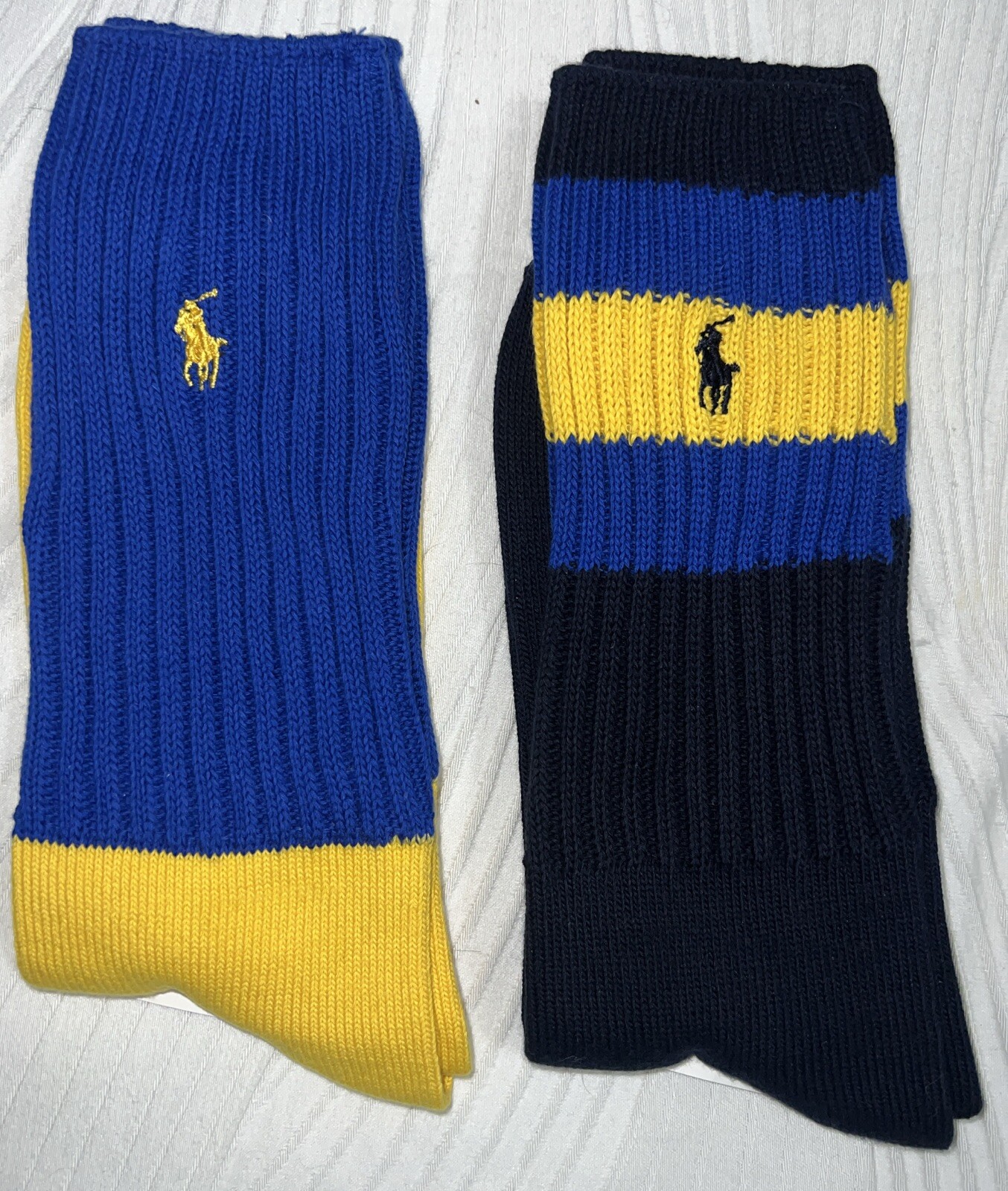 Polo Ralph Lauren Calze Equipaggio Uomo Due Paia Blu Navy Giallo Nuovi Senza Etichette Logo Pony