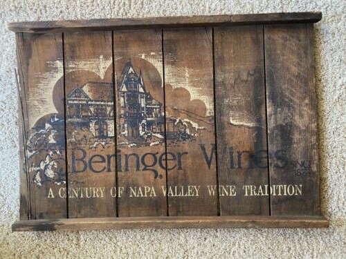 Beringer Vineyards Wooden Wine Advertising Sign w/wire 2 x 3' over 50 years old
