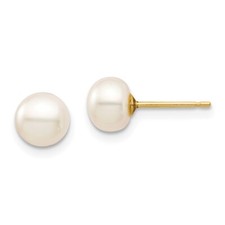 Real 14K Yellow Gold Madi K 6-7mm White Button Cultured Pearl Stud Post Earrings