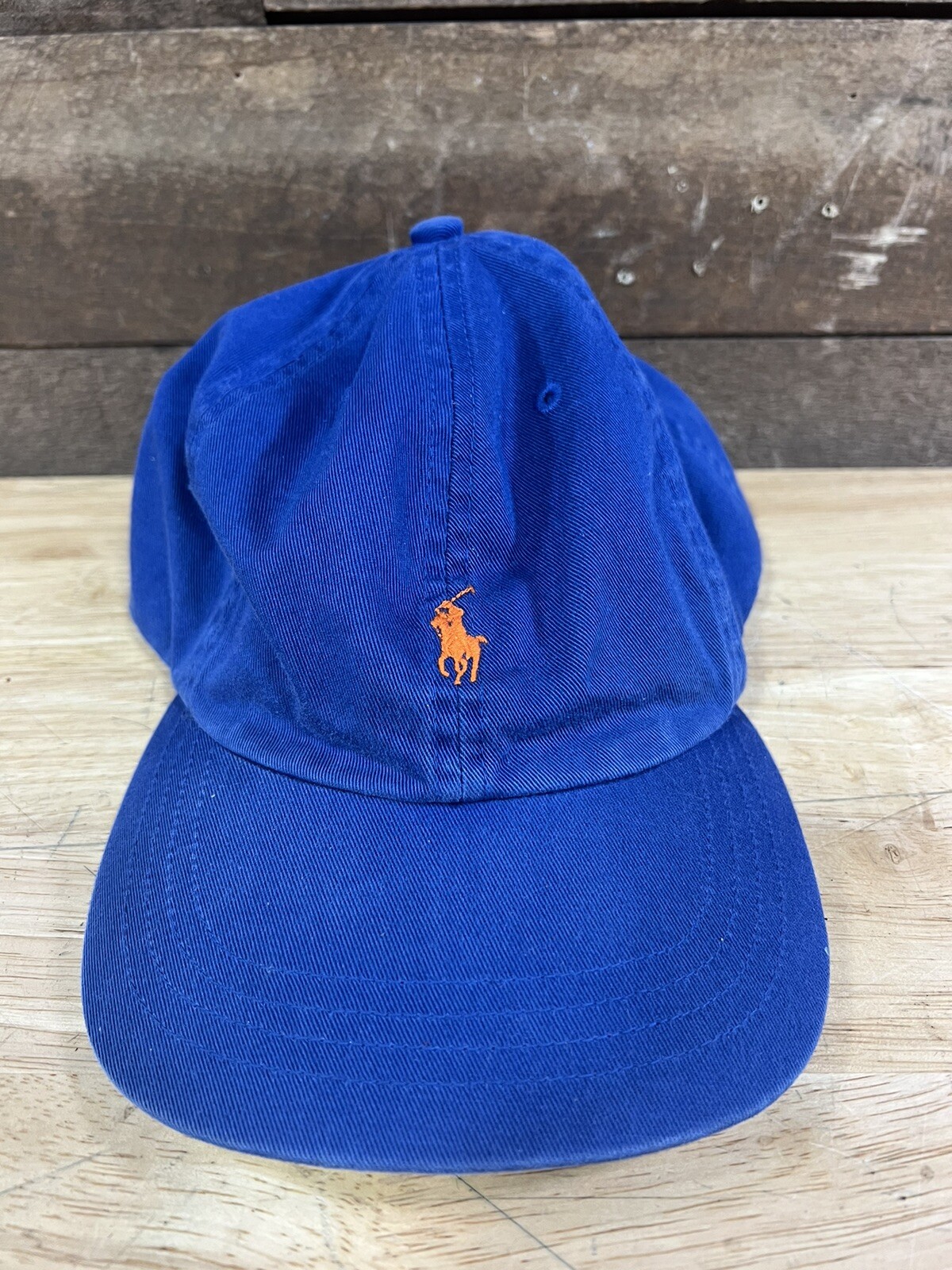 Vintage Polo Ralph Lauren Leather Strap Back Hat Blue/Orange Yellow Brim
