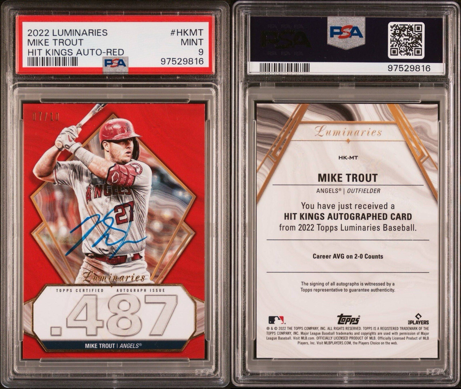 MIKE TROUT /10 2022 TOPPS RED LUMINARIES HIT KINGS ON CARD AUTO PSA LOW POP 🔥 view 2