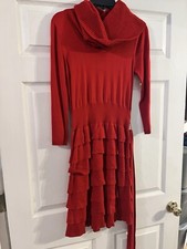 Jessica H Red Knit Cable Knit Winter Sweater Long Sleeve Ruffle Dress S Small