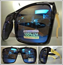 OVERSIZED RETRO SHIELD Style SUN GLASSES Real Bamboo Wood Wooden Frame Blue Lens