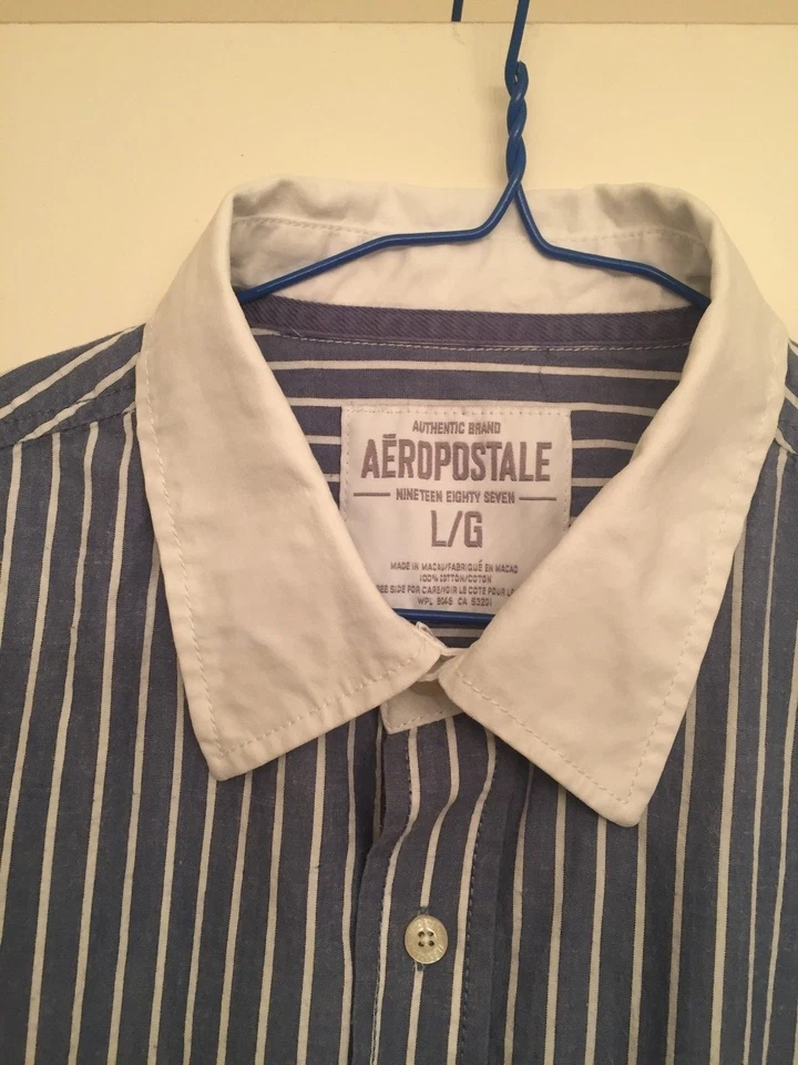  CAMISA DE VESTIR HOMBRE AEROPOSTALE GRIS MANGA LARGA RAYAS, TALLA L, 100% ALGODÓN Foto 2 de 2