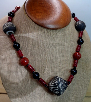 Artisan Made Bali Design Clay Bead / Multi Stone Sterling Silver Necklace 16''