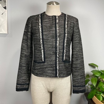 black boucle fringe trim jacket