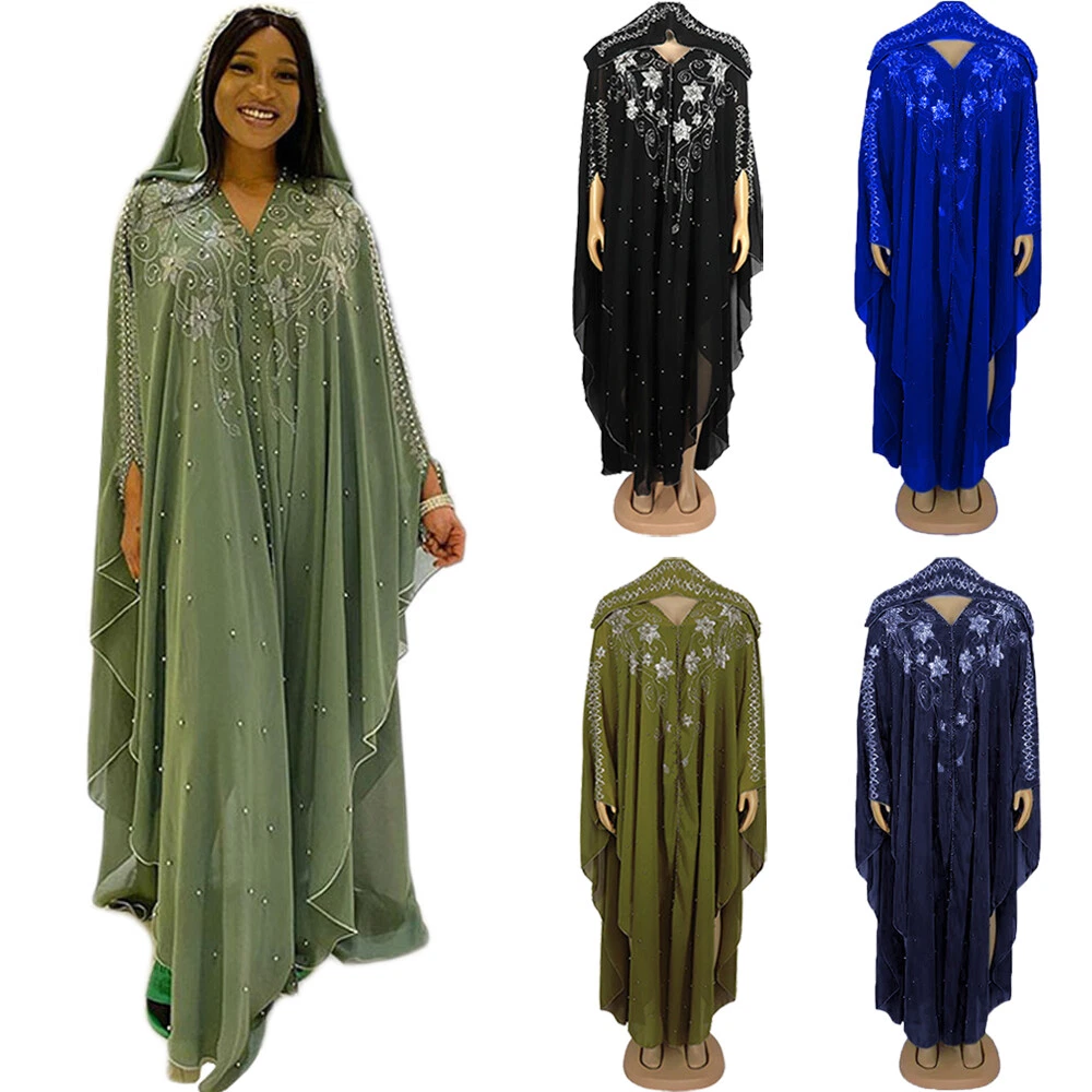 African Women Hooded Maxi Dress Dashiki Party Gown Moroccan Kaftan