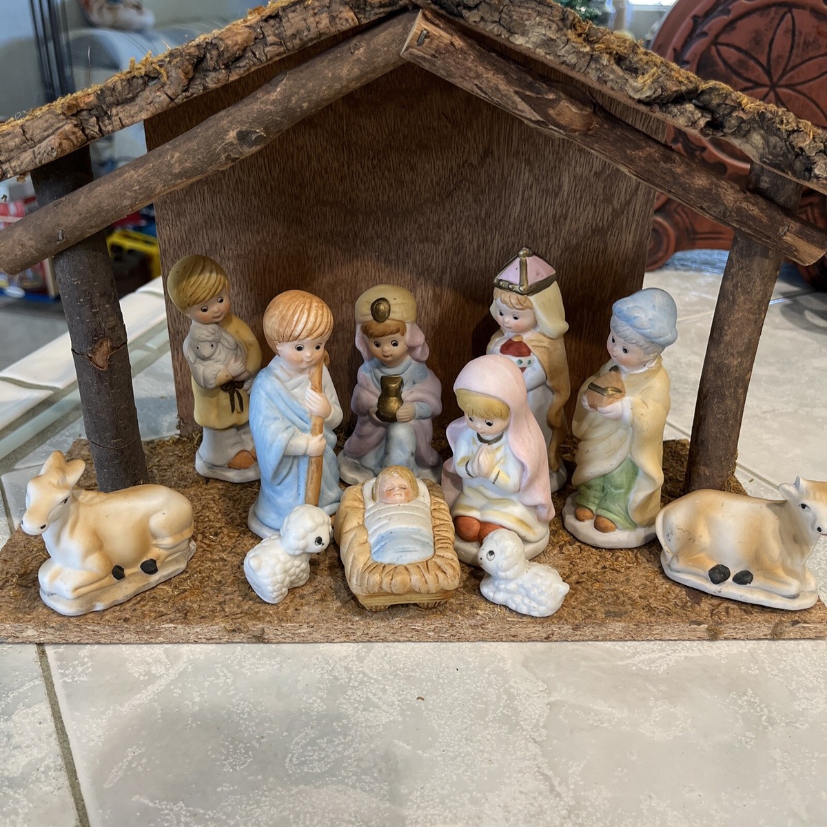 Sears Vtg Children's Nativity Set 11 Hand Painted Ceramic Figures