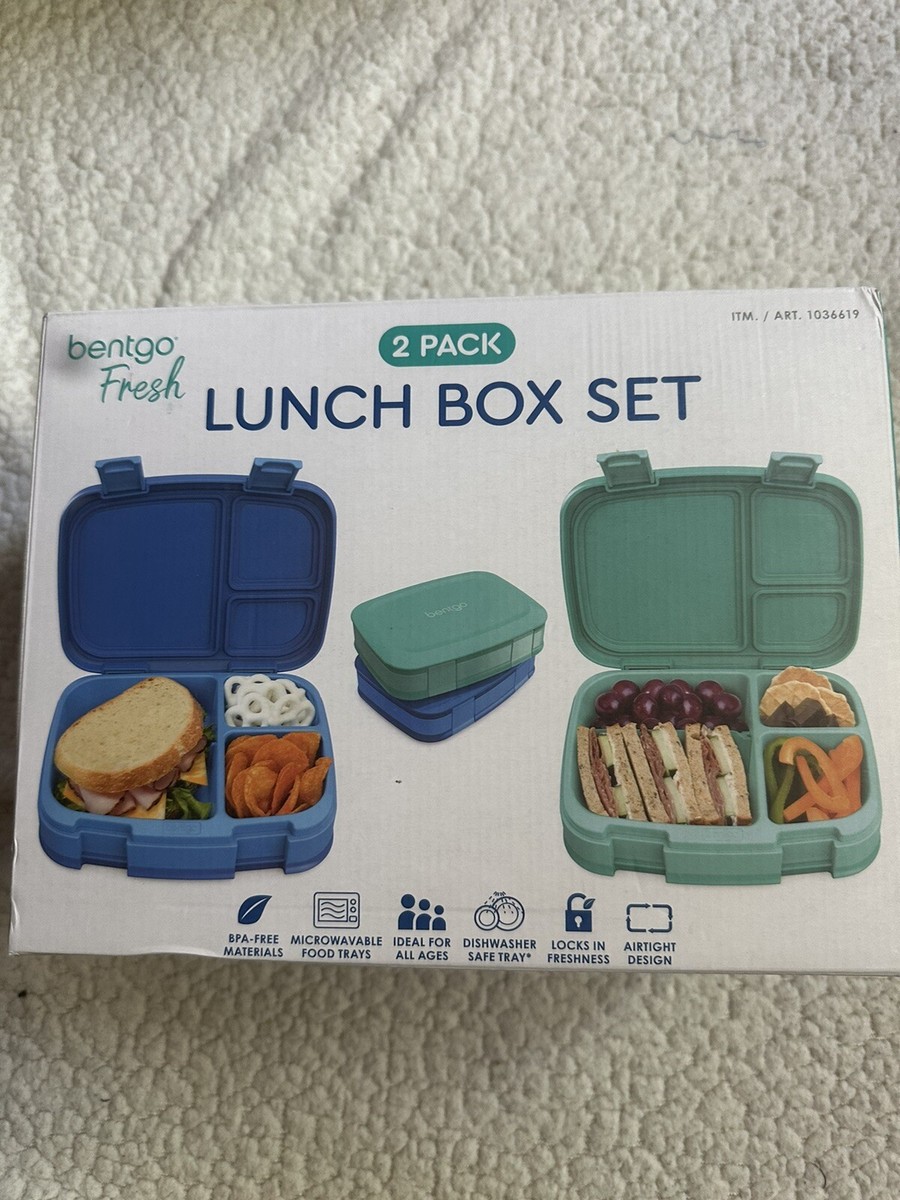 Bentgo Fresh (blu/verde, 2 confezioni) – Nuovo e migliorato a prova di perdite, versatile, 4 scomparti stile bento – ideale per controllare le porzioni e mangiare equilibrato in viaggio – senza BPA