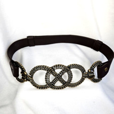 Chico's Leather Gold Braided Buckle Adjustable Belt Women M/L Pebbled Dark Brown