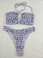 Women's 2 Piece Bathing Suit Ribbed Tie Side Halter Bikini Swimsuit Sz M