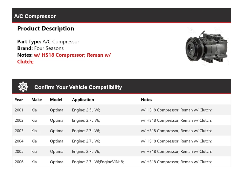 适用于 2001 - 2006 起亚 Optima 空调压缩机 4 季 2002 2003 2004 2005 — 第 2/4 张图片