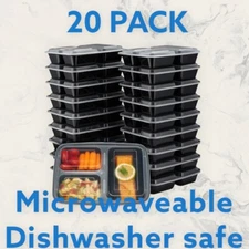 EZ Prepa 20 Pack 32oz 3 Compartment Meal Prep Containers with Lids.  New
