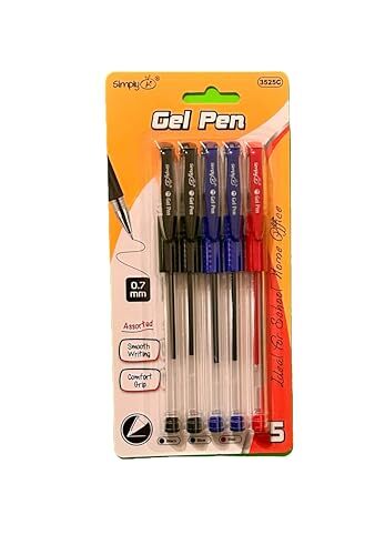 Gel Pens, 5 Pack - 2 Black, 2 Blue, 1 Red, 0.7mm Tip, Cushion Grip, Pocket-image