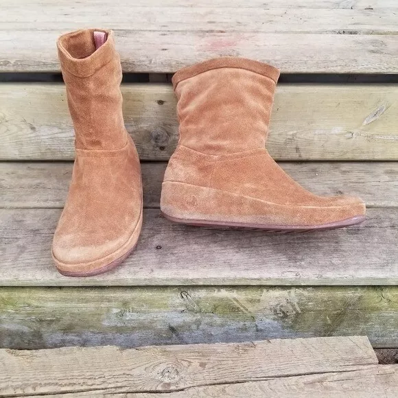 Fitflop Crush Brown Sugar Camel Tan Suede Leather Slouch Pull On Boots Womans 10