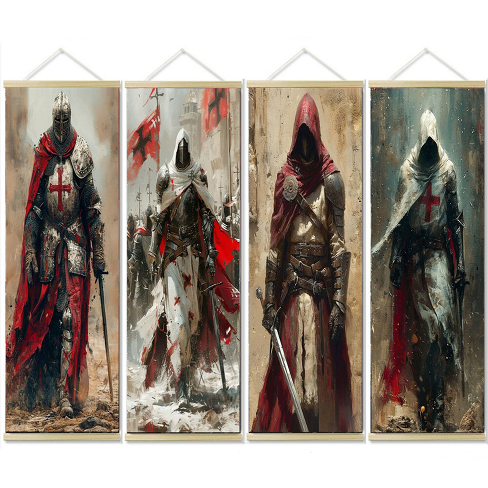 Cartel artístico guerrero cruzado gráfico de pared caballeros templarios pintura pergamino 4 piezas