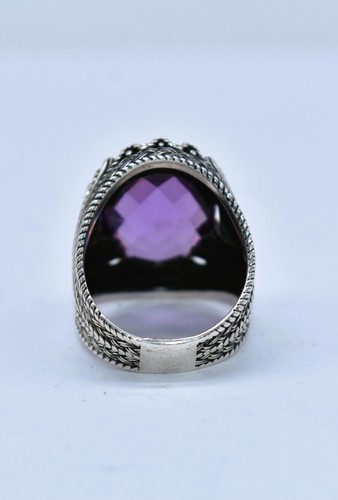 Checkerboard Cut Purple Stone Textured Sterling Silver Gent's Ring Size 9 - Picture 6 of 21