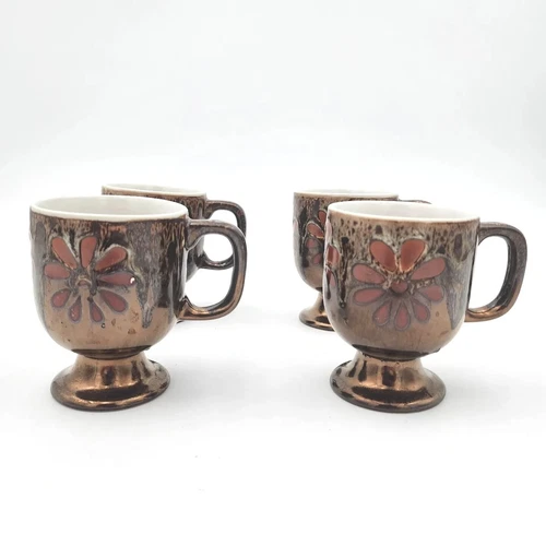 Mugs Cup Ceramic Footed Pedestal Glazed Daisy Flower Coffee Mid-Century Set Of 4