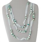 Handcrafted Green White Agate Pebble Gemstone Organza Ribbon 3 Strand Necklace
