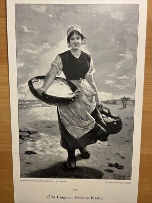 Antike Illustration Frische Fische Dame Meer Fischer Gemälde 1893 Vintage Retro - Bild 1 von 4