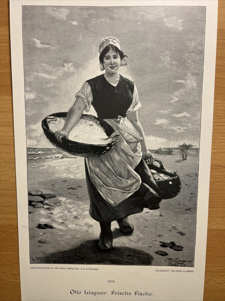 Antike Illustration Frische Fische Dame Meer Fischer Gemälde 1893 Vintage Retro - Bild 1 von 4