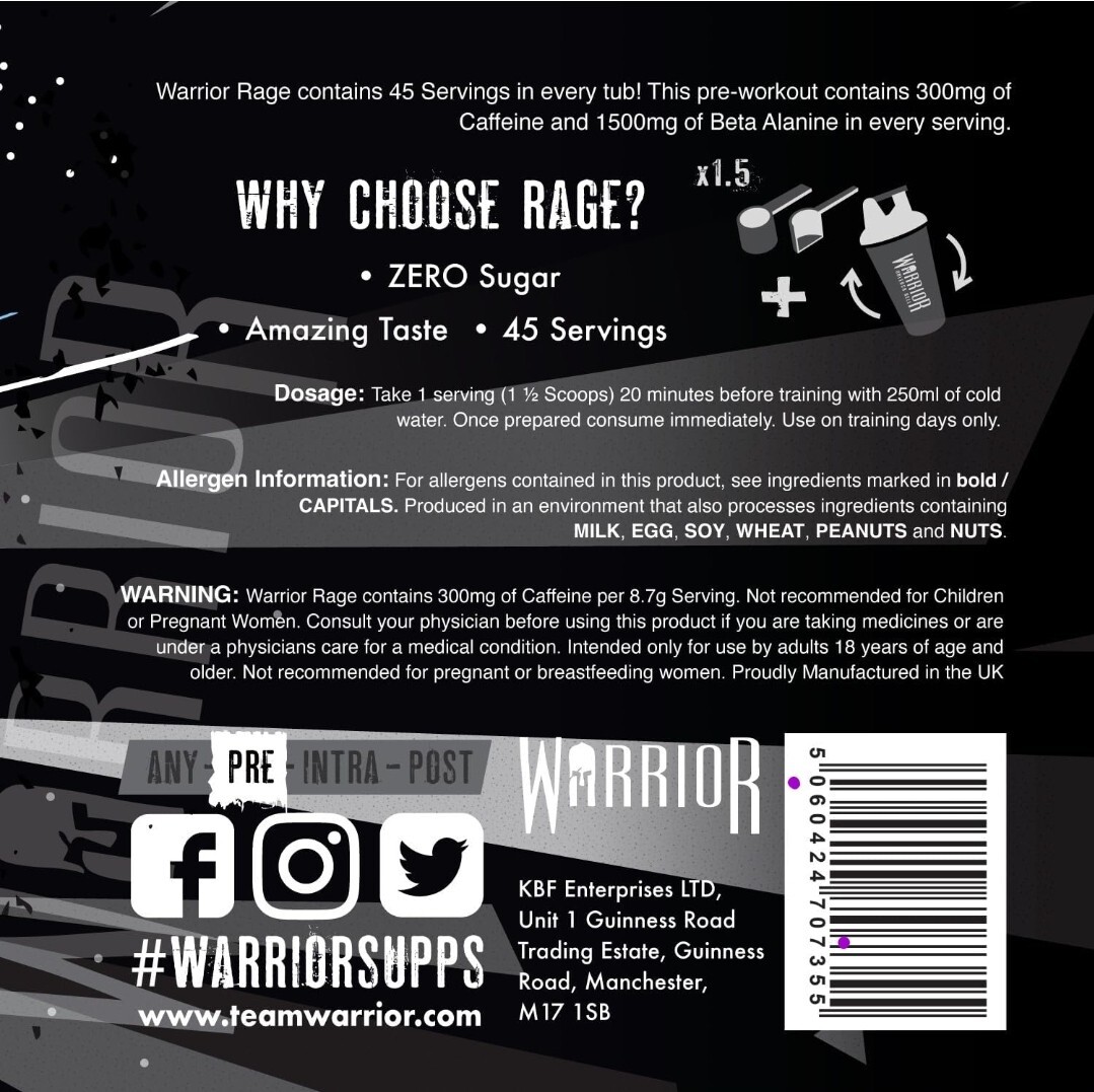Warrior, Rage Preworkout Powder 392g Energy Drink Supplement