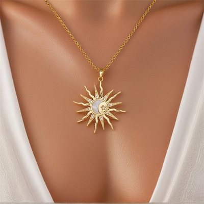#ad Detail Golden Sun Pendant Necklace with Rhinestone Vintage Style Alloy Jewelry $4.77