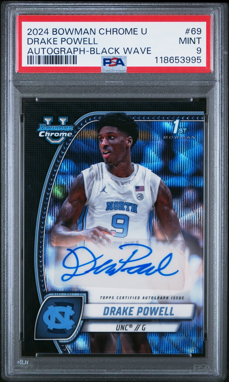 2024 BOWMAN CHROME UNIVERSITY AUTO-BLACK WAVE #69 DRAKE POWELL PSA 9