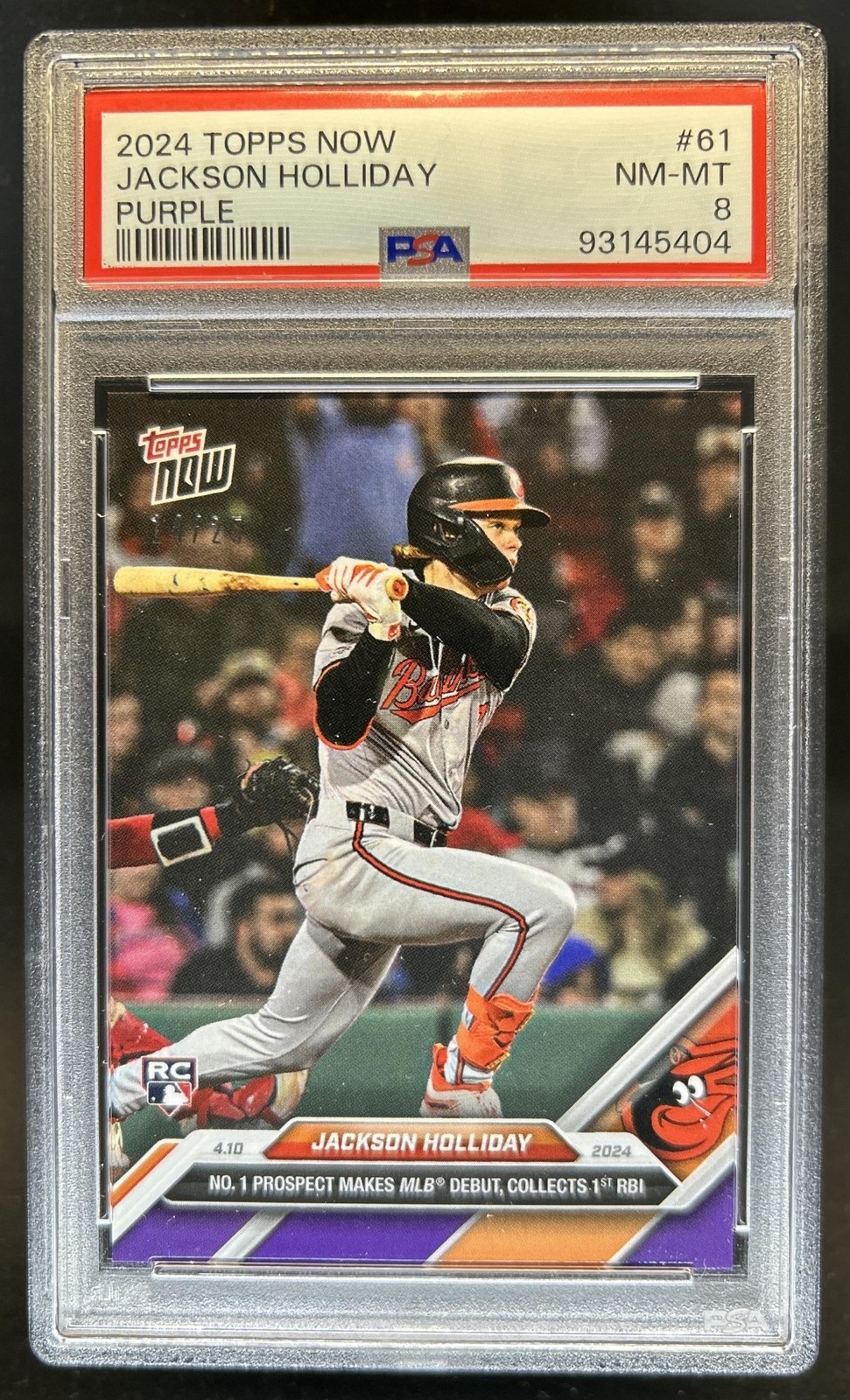 2024 Topps Now Jackson Holliday RC Purple Rookie #/25 Orioles PSA 8 view 1