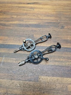 K846 2 small antique cast iron jeweler egg beater drills MILLER FALLS?